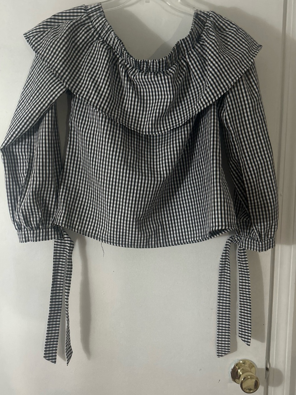 Vineyard Vines Black and White Gingham Off-Shoulder Tie-Sleeve Top